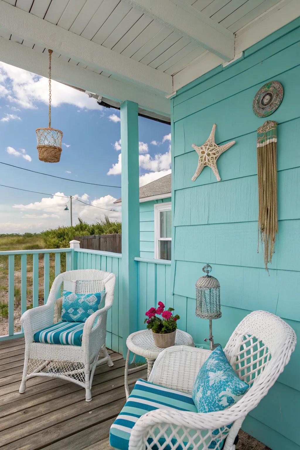 A coastal-inspired turquoise porch that embodies the essence of seaside relaxation.