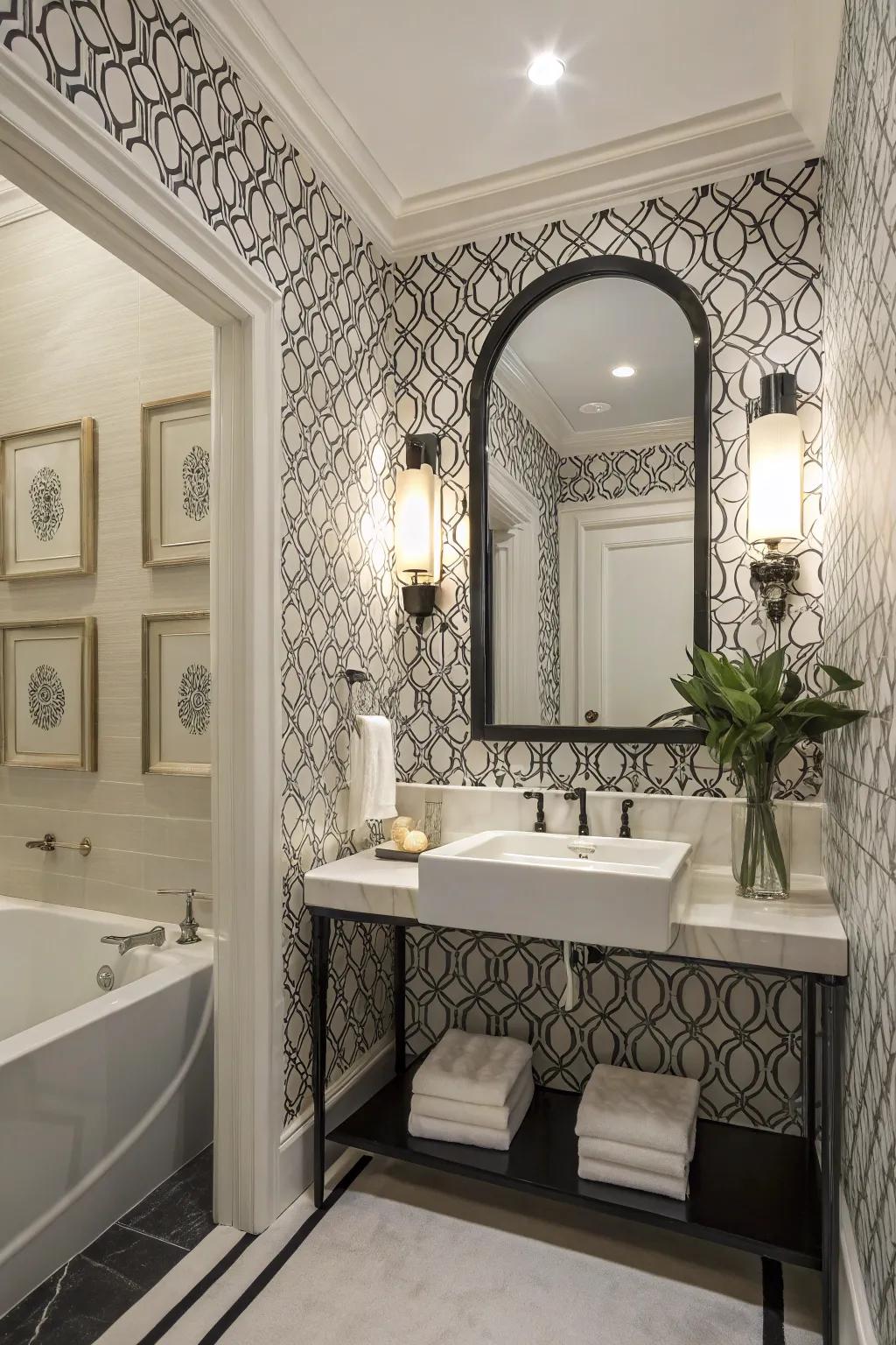 Sophisticated monochrome designs create a luxurious and timeless washroom.
