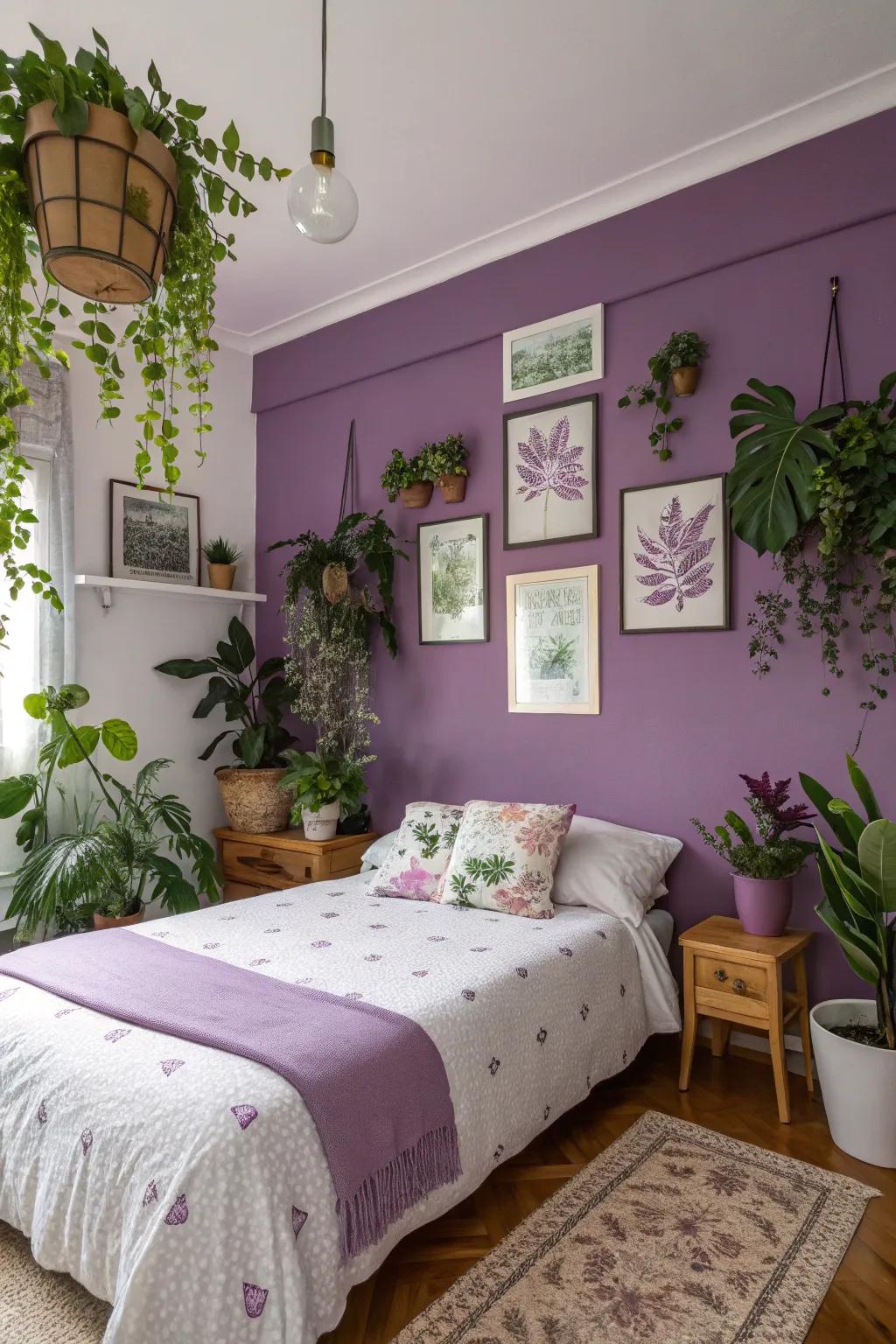 Botanical touches enhancing a purple-themed bedroom.