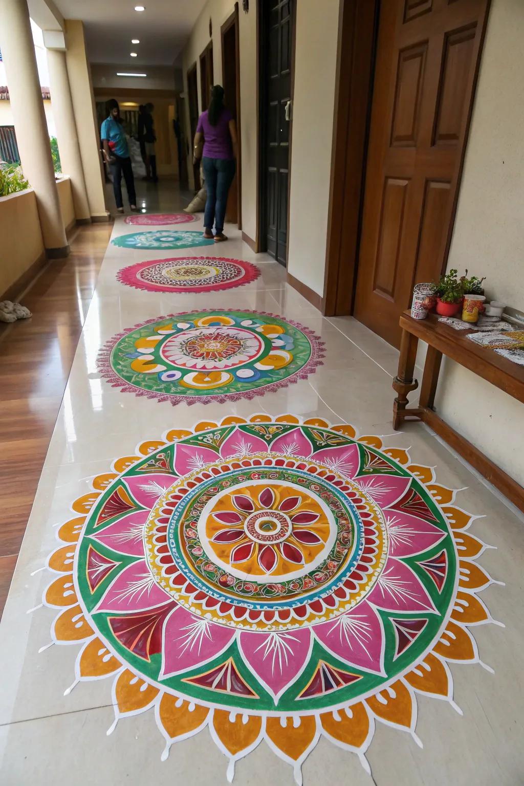 Layered patterns create a 3D effect, adding depth to this rangoli masterpiece.