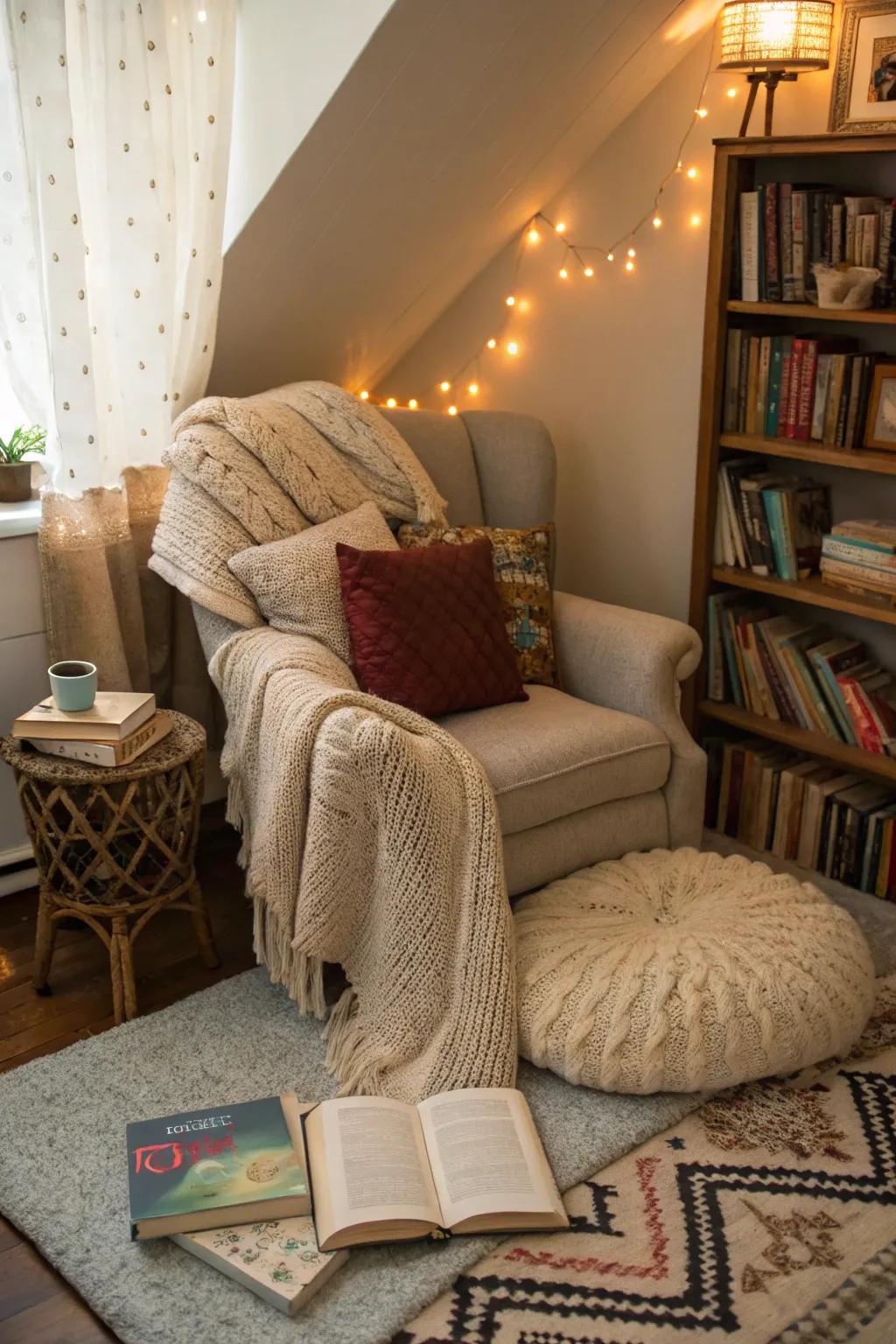 Layered textures bring warmth and comfort to the reading nook.