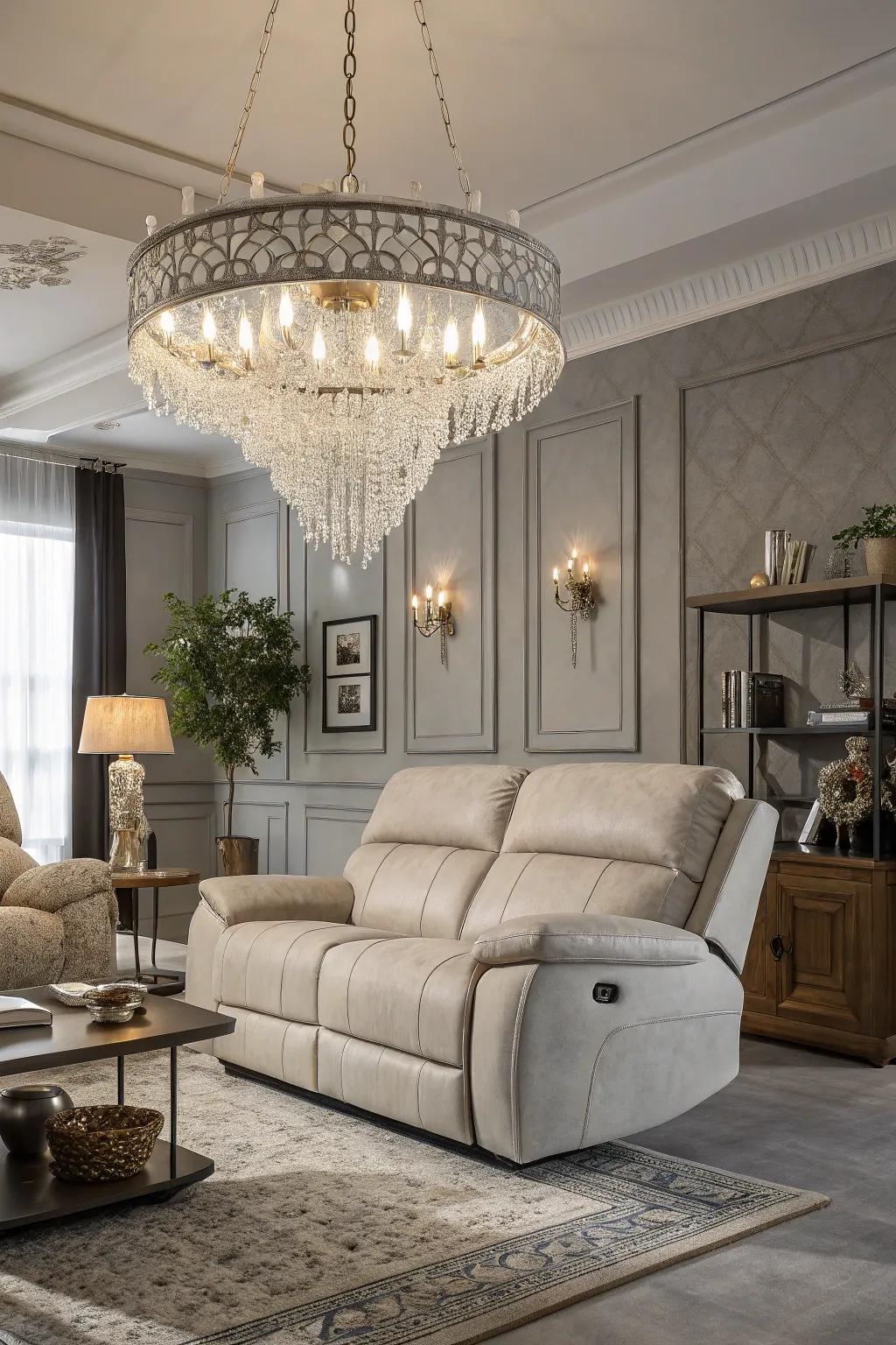 A living room enhanced by a statement lighting fixture above the recliner sofa.