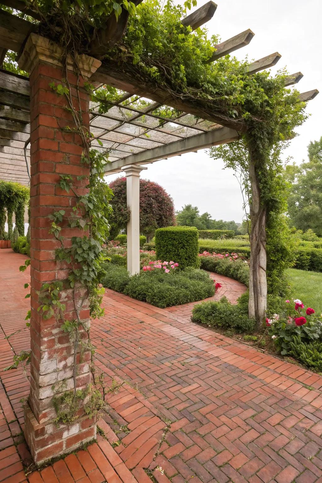 A red brick patio with a charming pergola draped in greenery