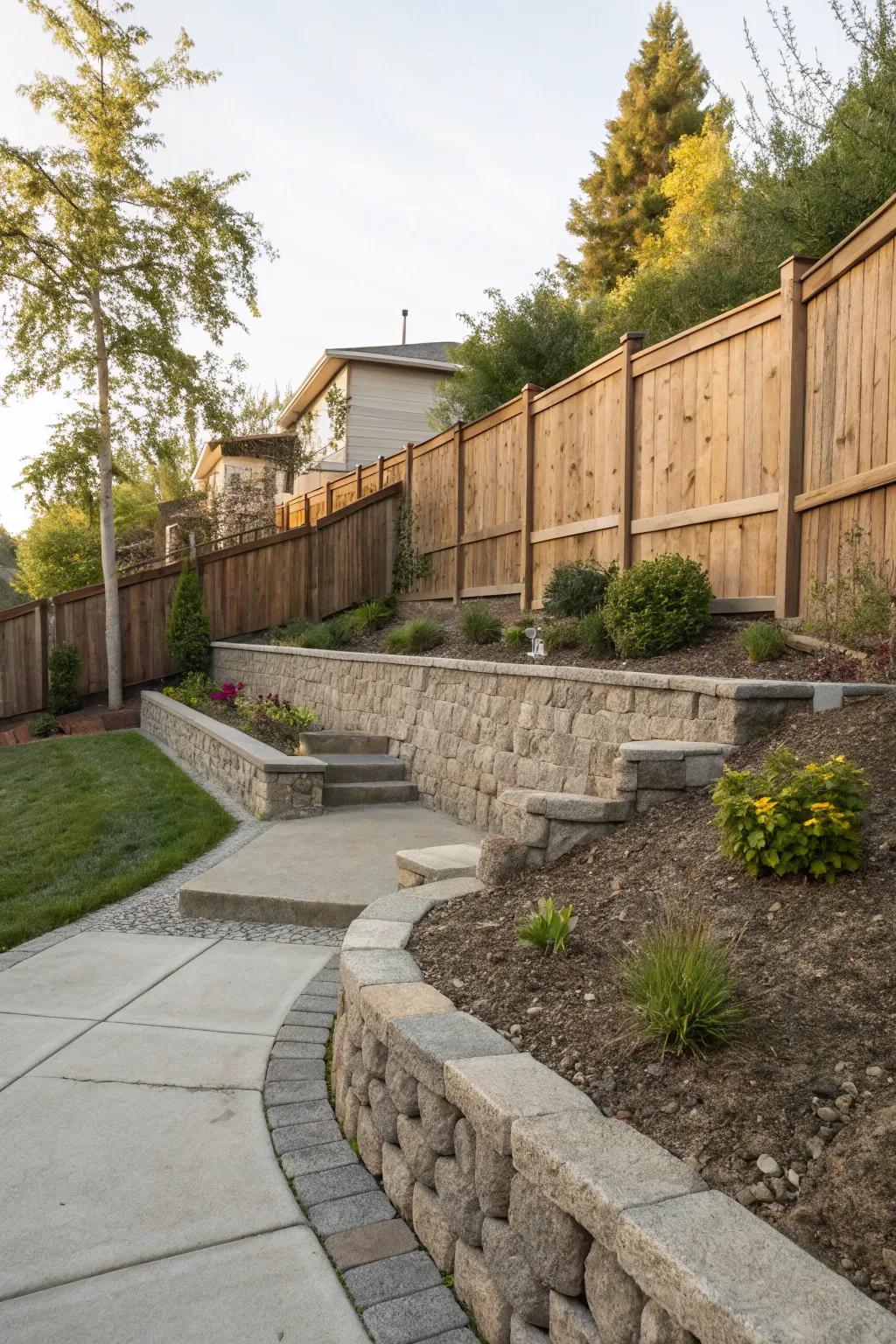 A unique combination of textures in retaining walls and fencing.