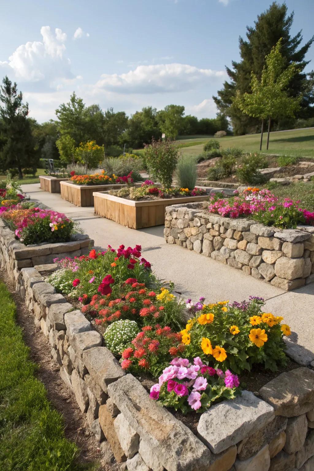 Raised garden beds with rock walls elevate your flowers beautifully.