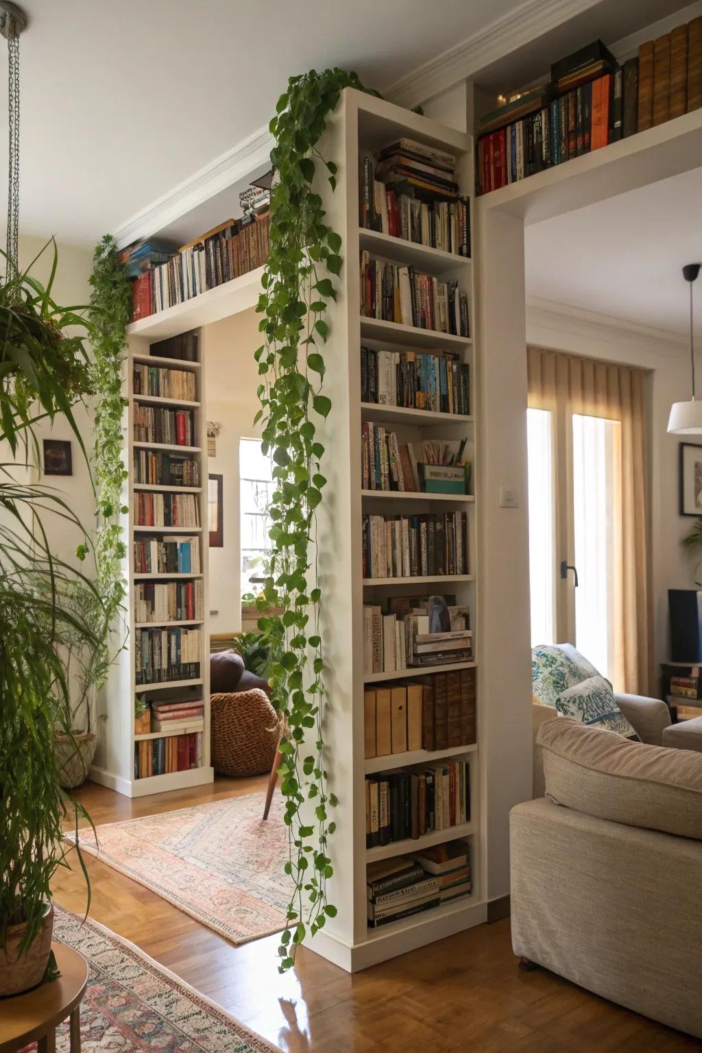 Vertical space utilized with tall shelves and hanging greenery.