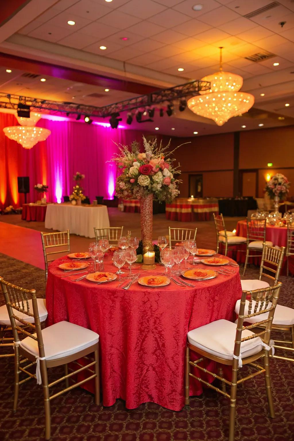 Vivid cloth making a vibrant declaration at a wedding.