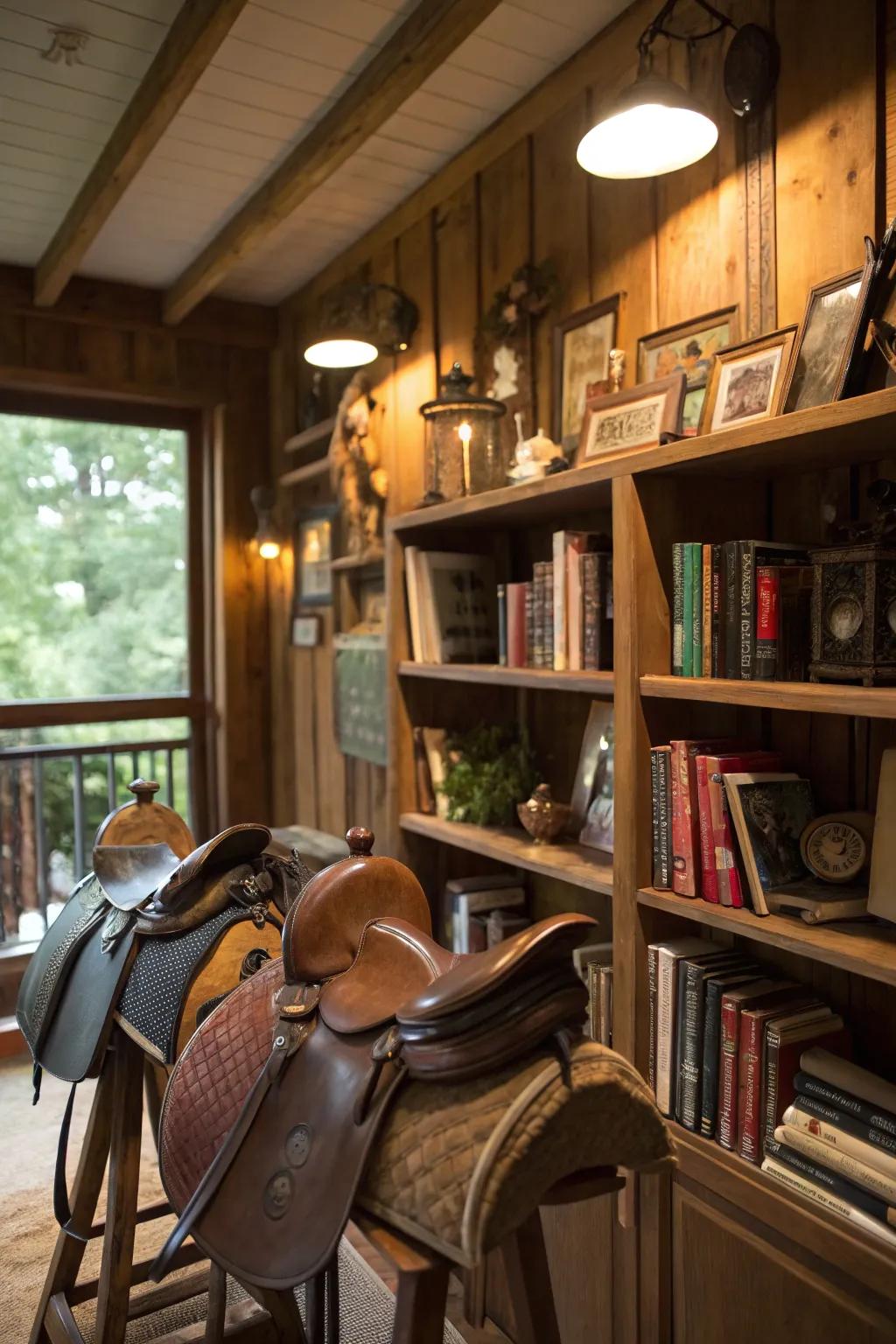 Riding seats purposed as shelves introduce a unique twist to this study.