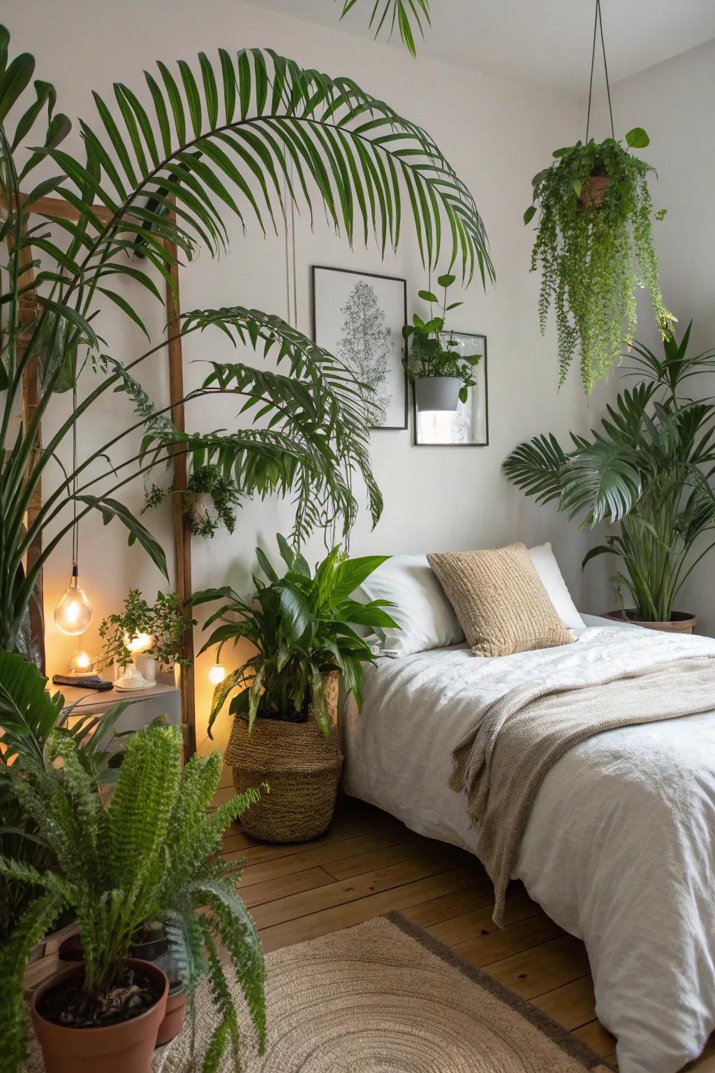 Indoor plants create a lush, vibrant atmosphere.