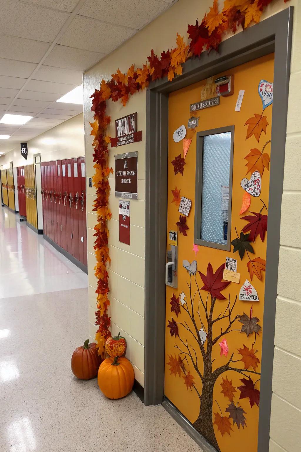 A festive school nurse door decorated for the fall season.