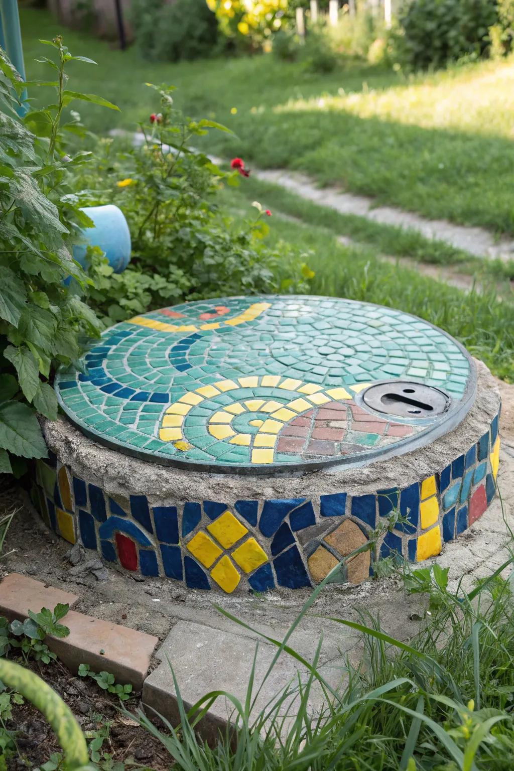 Mosaic designs add artistic flair to gardens.