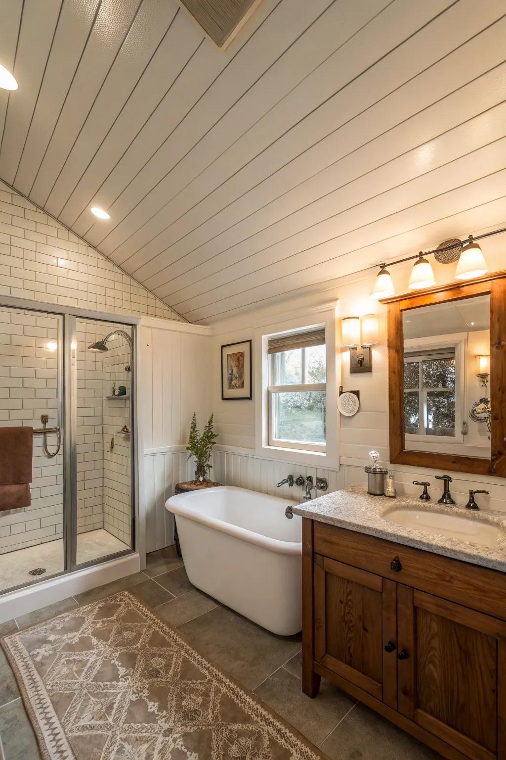 A bathroom featuring board and batten ceilings for a unified design.