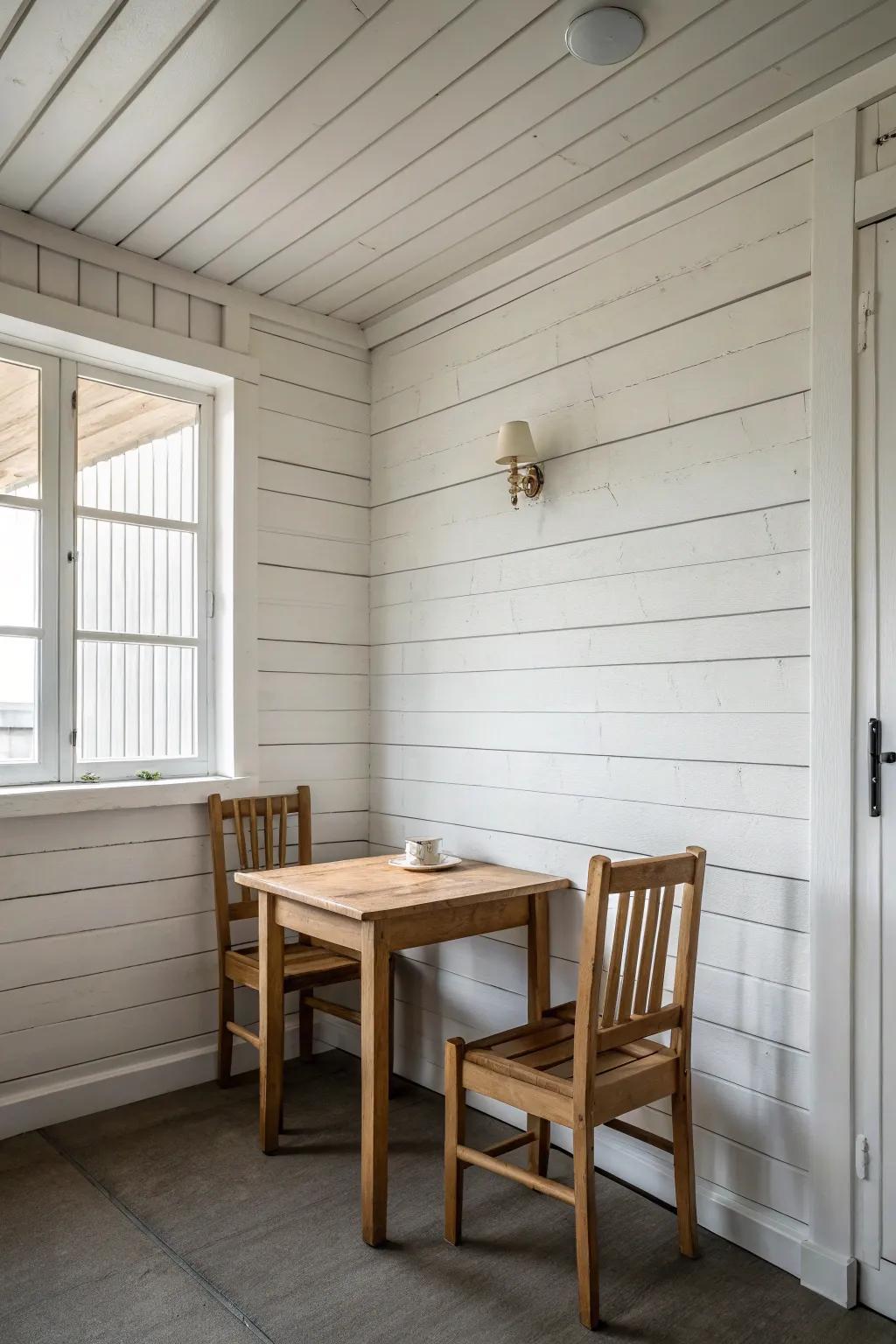 A minimalist dining room with clean lines and shiplap walls.