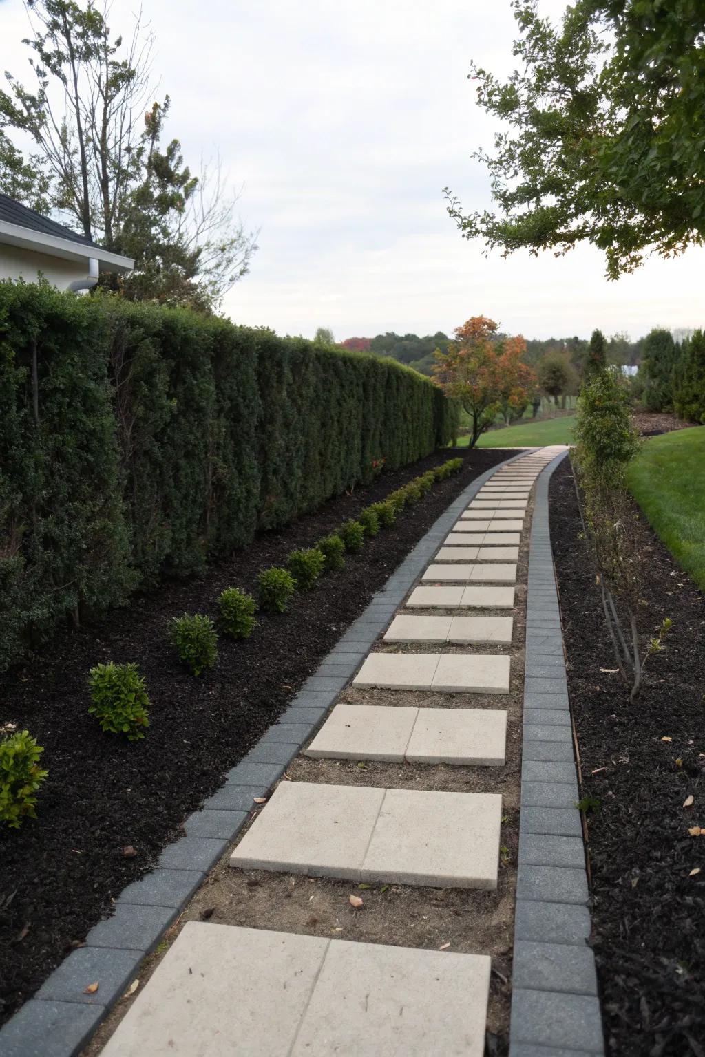 Mulch borders provide contrast and tidy up your side yard path.