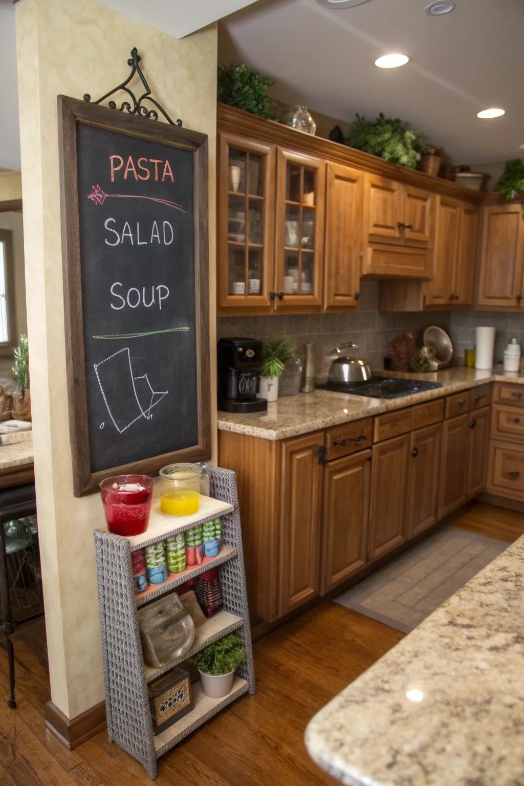 A kitchen showcasing a chalkboard menu sign with the week's meals.