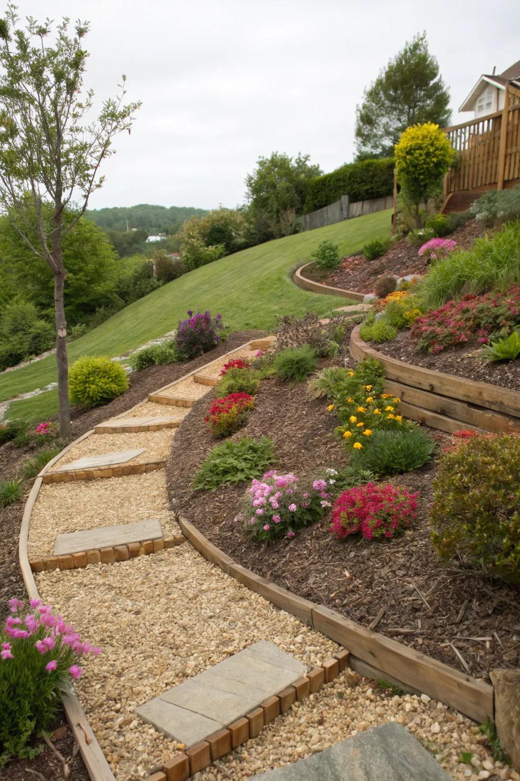 Decorative mulch and gravel add texture to this landscaped slope.