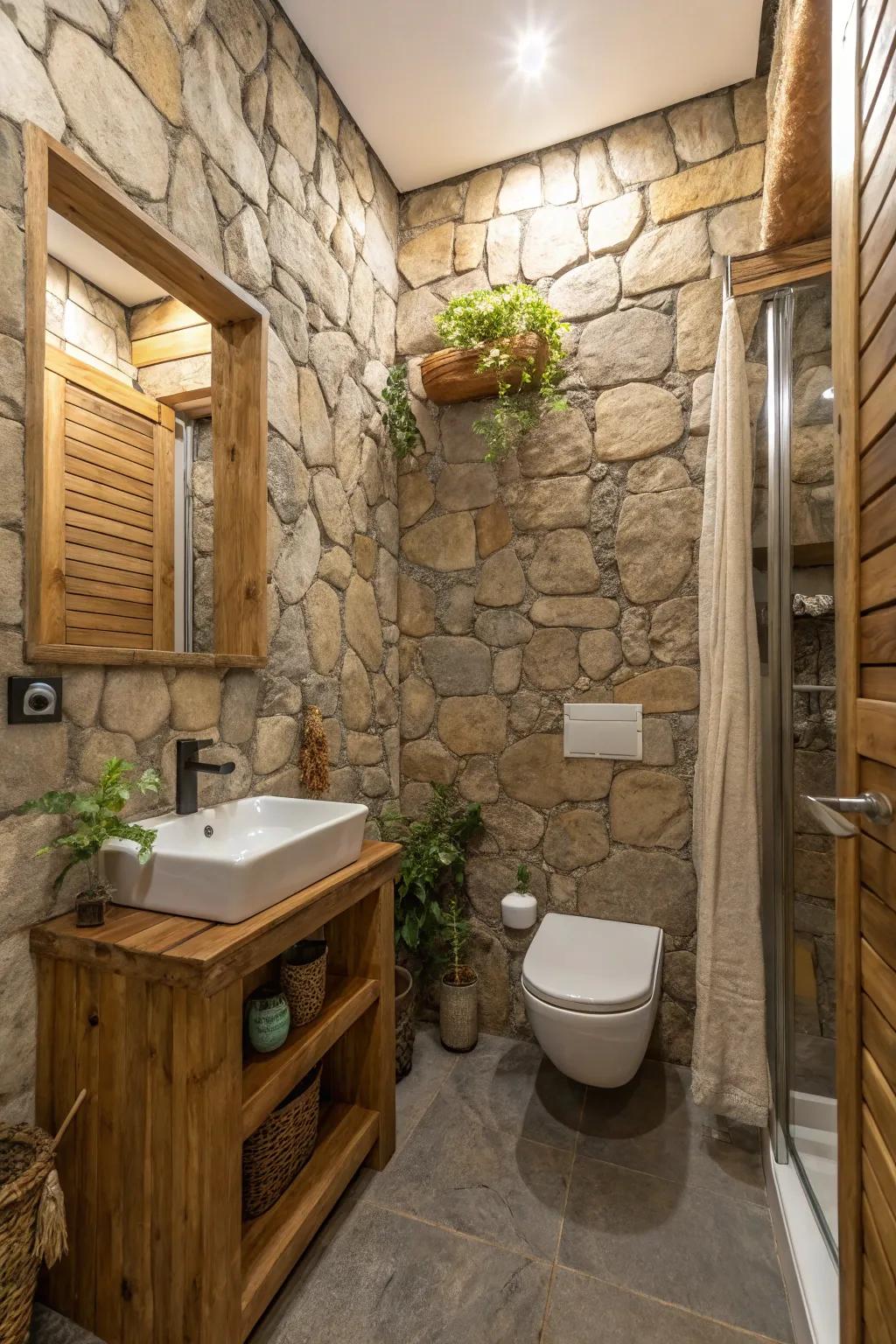 Stone-textured segments in a diminutive bathroom, exuding opulence and tranquility.