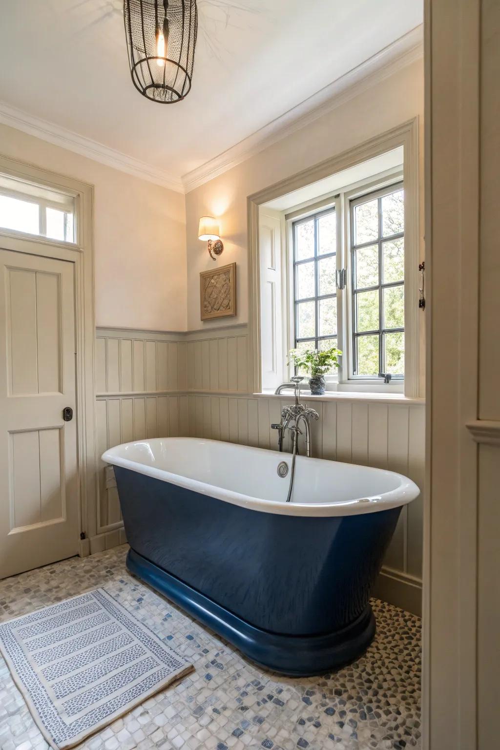 The dark blue bathtub stands as an elegant focal point in this light-filled bathroom.