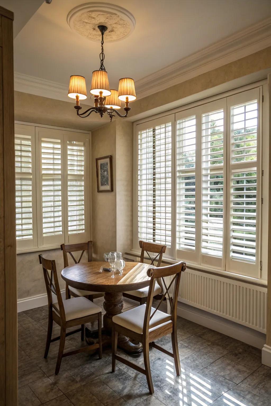 Louvered shutters provide timeless style and function.