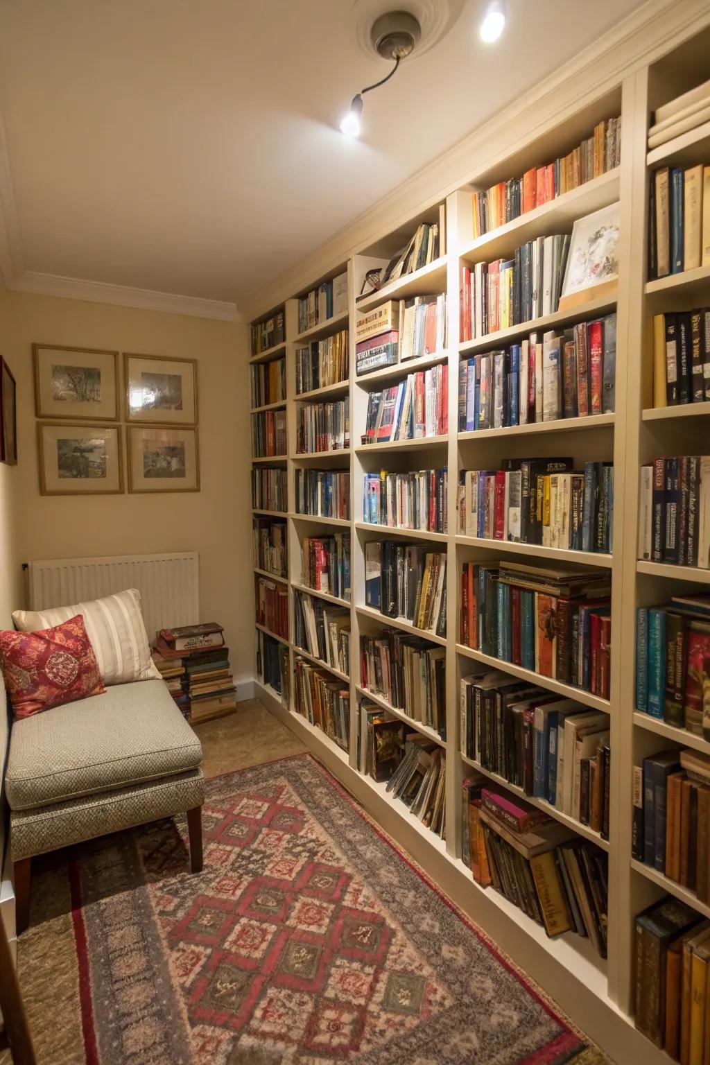 Floor to ceiling bookshelves create ample storage space.