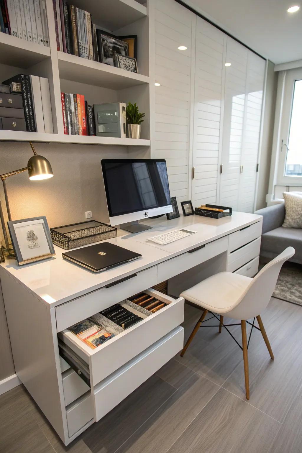 Hidden storage helps maintain a clean and organized workspace.