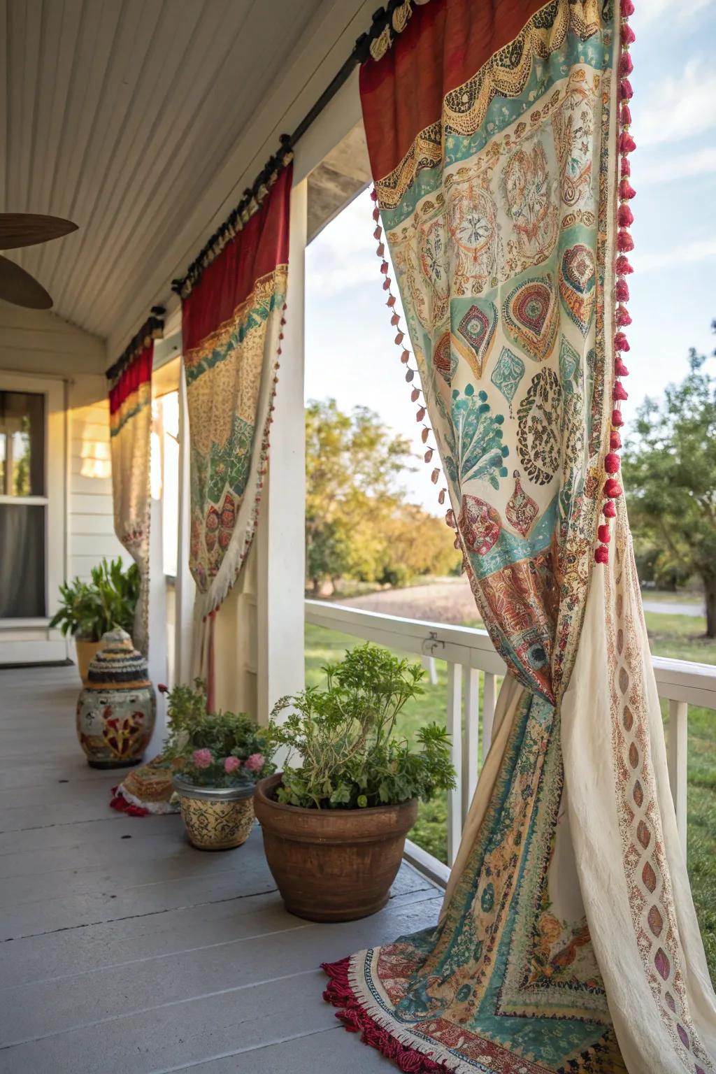 Bohemian curtains add a playful and artistic touch to your porch.