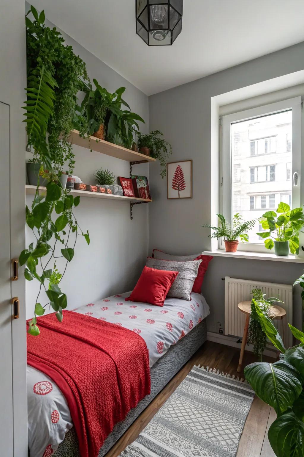 A small bedroom featuring natural elements like green plants enhancing the red and grey decor.