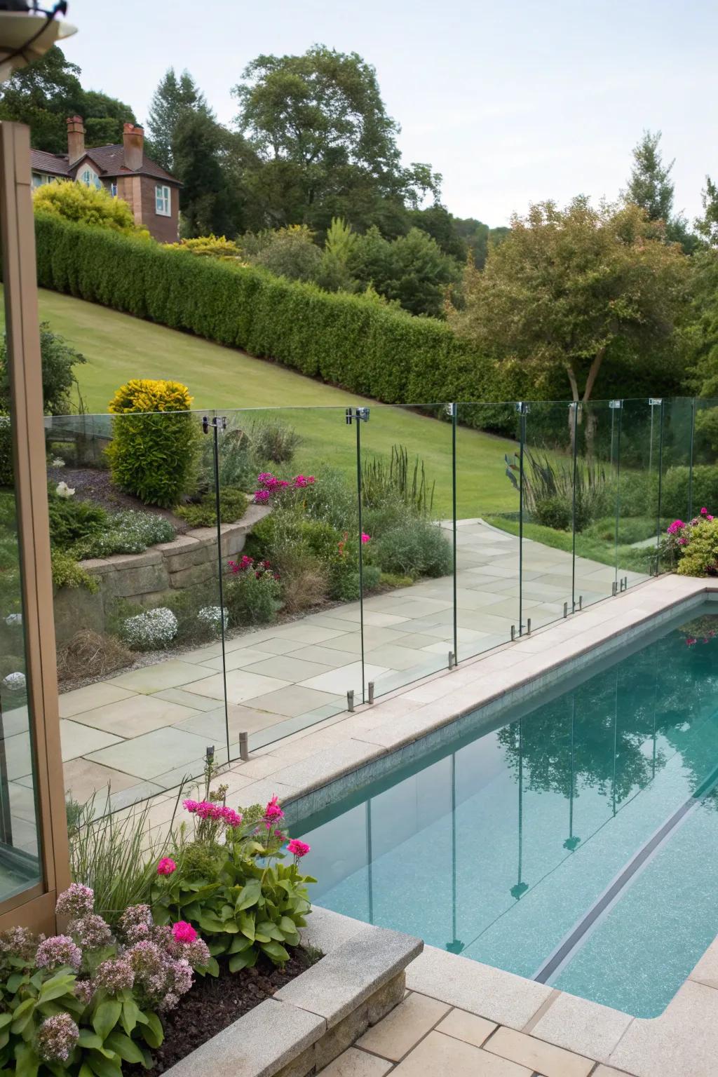 Glass screening maintaining openness surrounding pools.