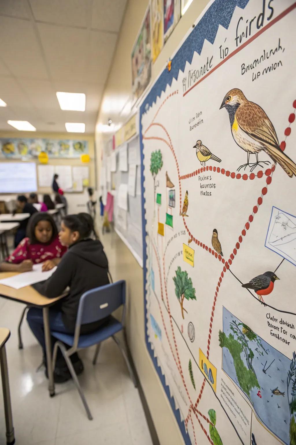 Migratory birds take flight, bringing spring to life on this educational board.