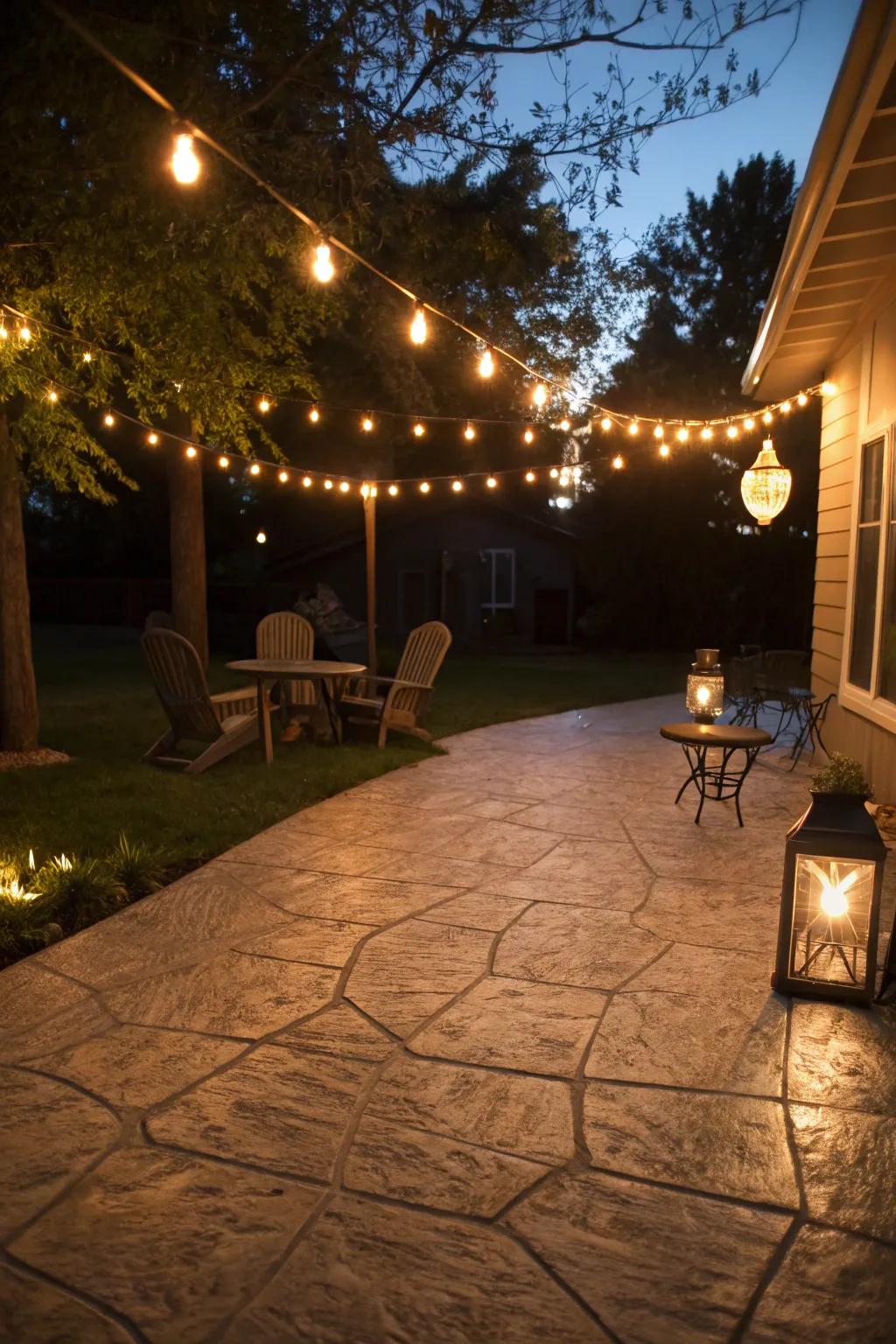 Ambient lighting transforms the patio into a nighttime oasis.