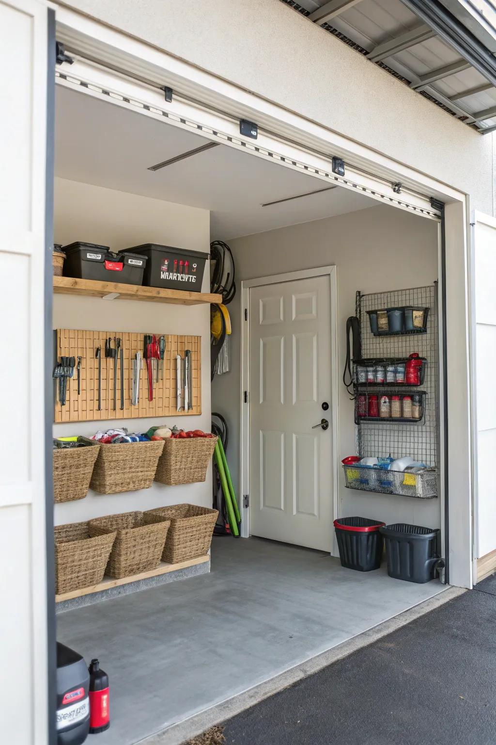 Garage door with mounted baskets for organized storage.