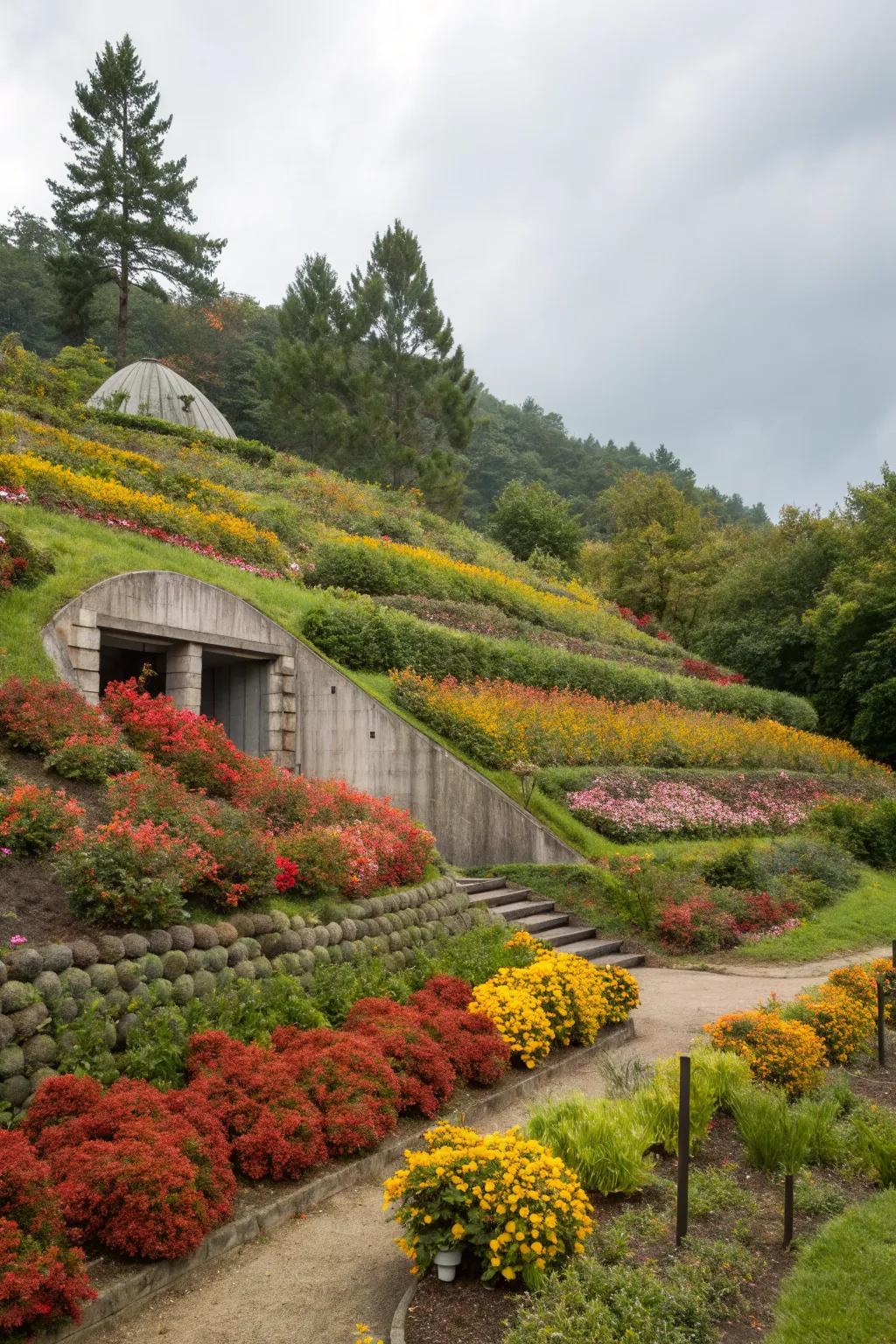 Terraced gardens utilize slopes beautifully around storm shelters.