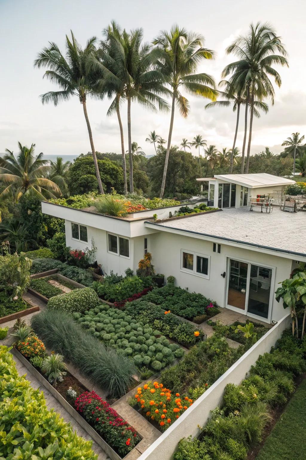 Rooftop garden flourishing with tropical plants.