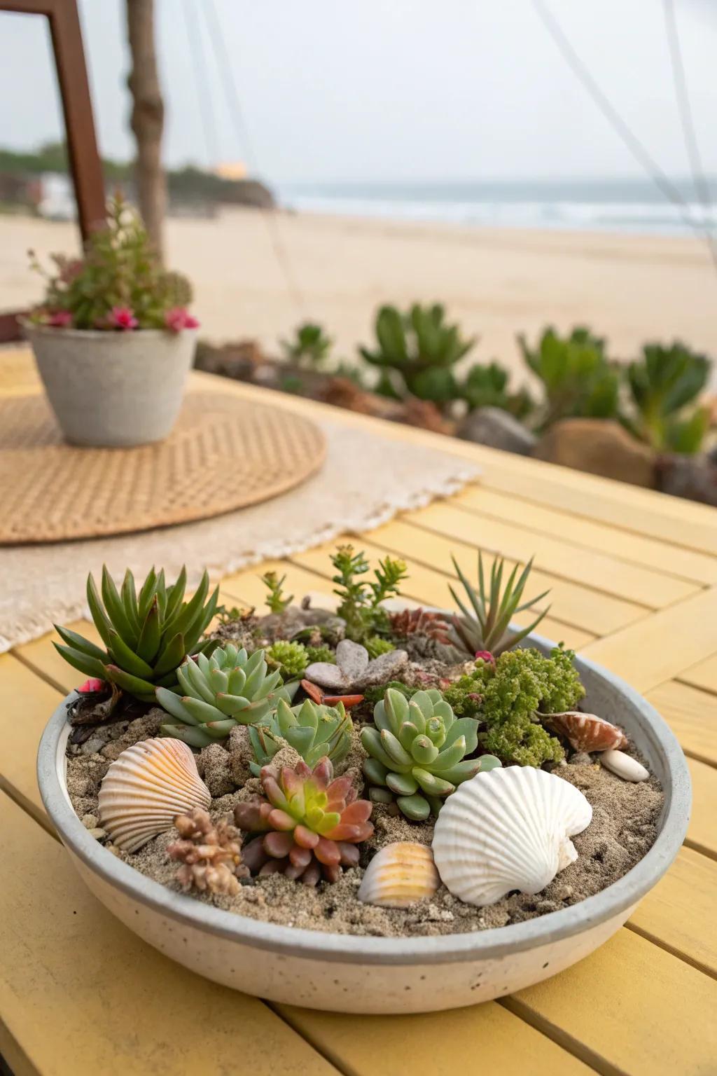 A beach-inspired succulent garden with seashell accents.