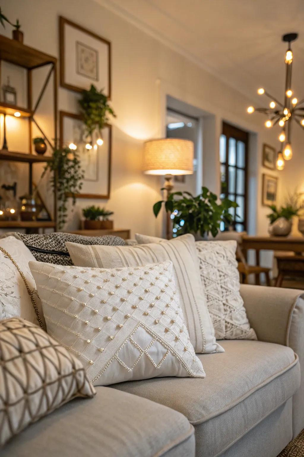 An elegant and minimalist design using monochromatic white pillows.