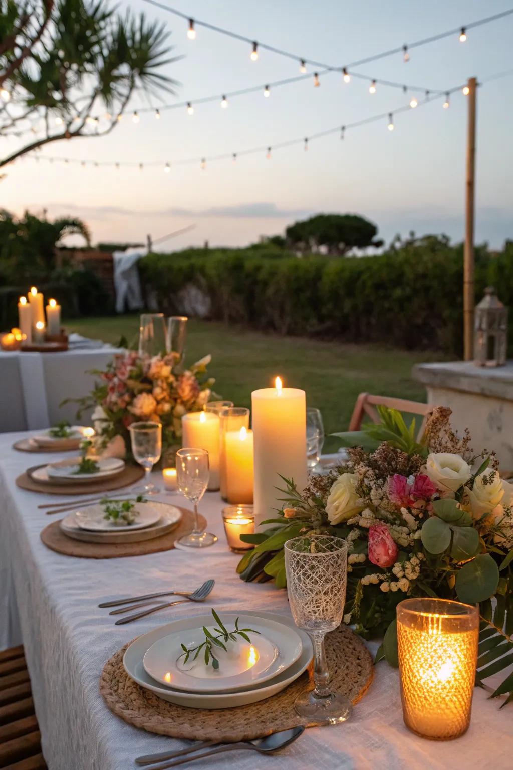 Tropical wax luminaries establish the ambiance impeccably.