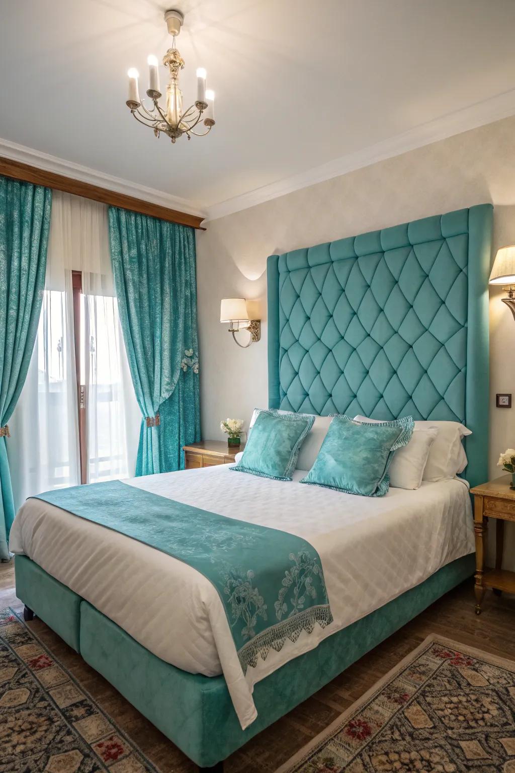 Turquoise upholstery brings a modern twist to this classic bedroom design.