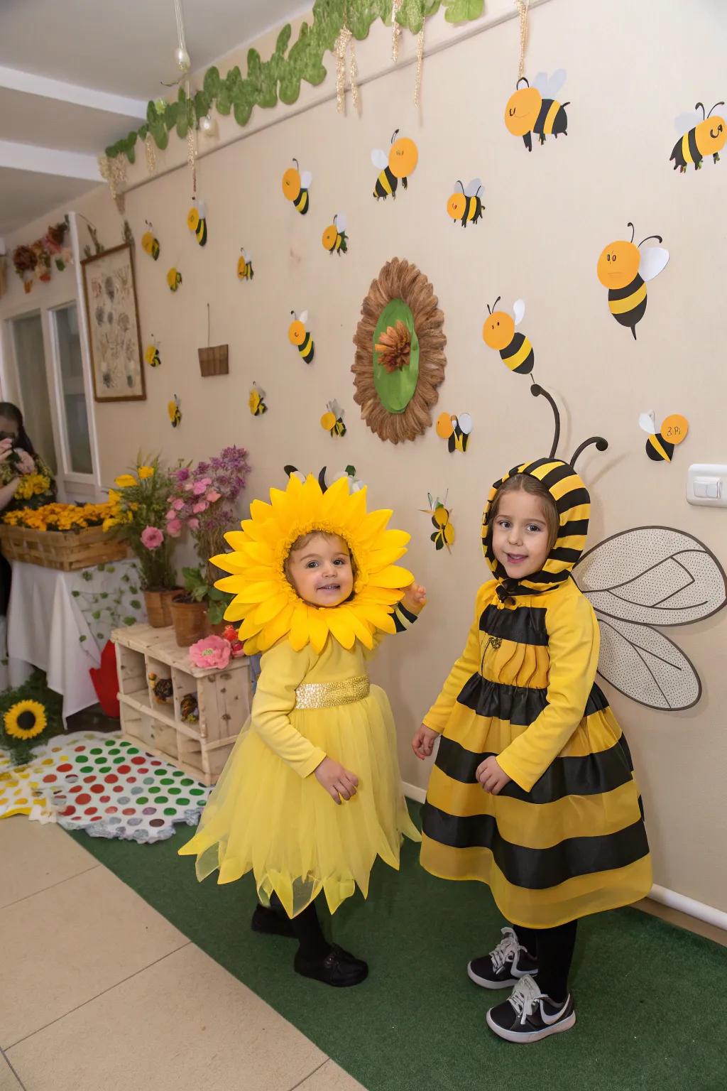 Blooming together: twins as a sunflower and a bee.