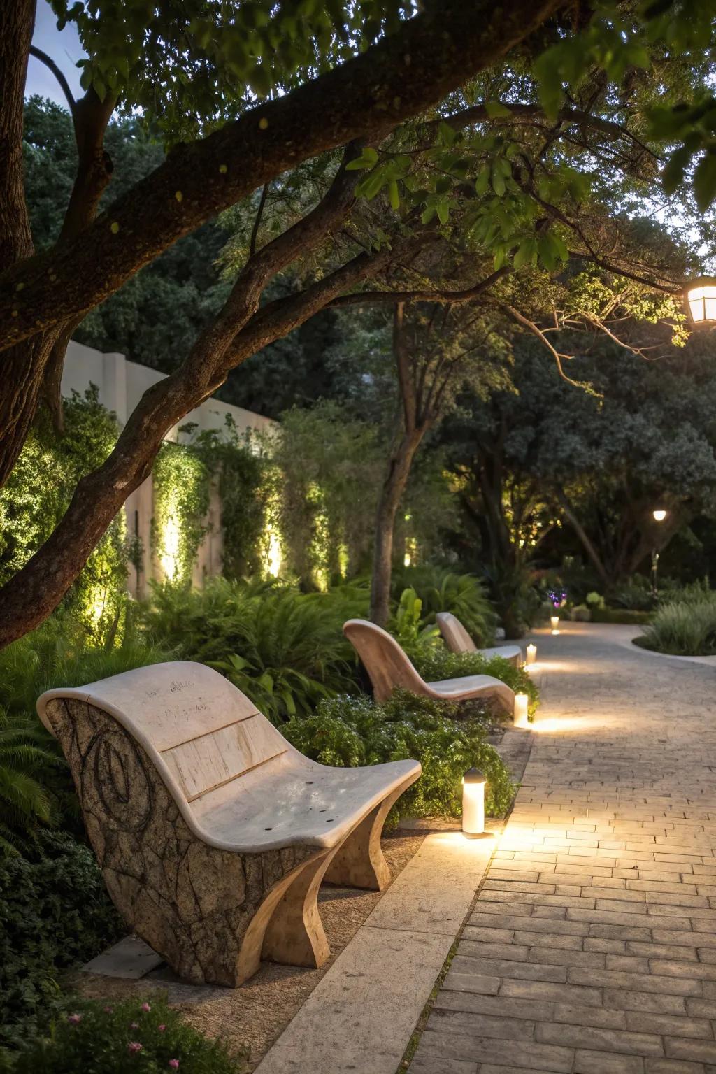 Artistic benches add flair and function to the tree's shade.