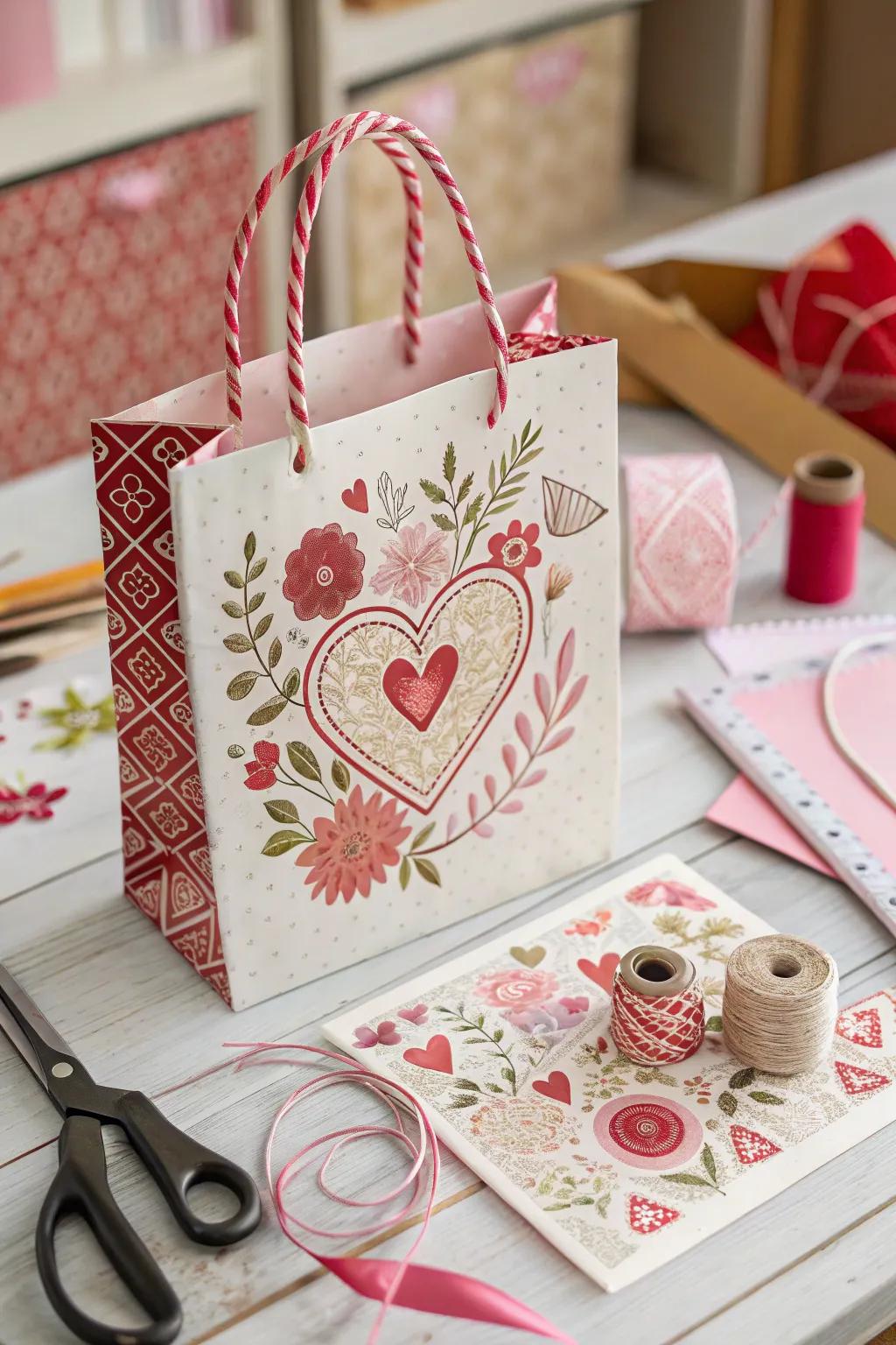 Stamped design Valentine's bag with intricate patterns.