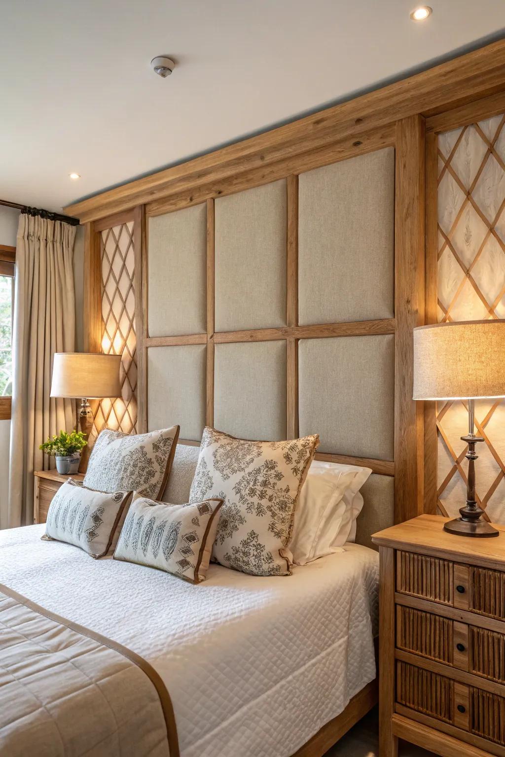 A mix of materials creates a textured and dynamic headboard.