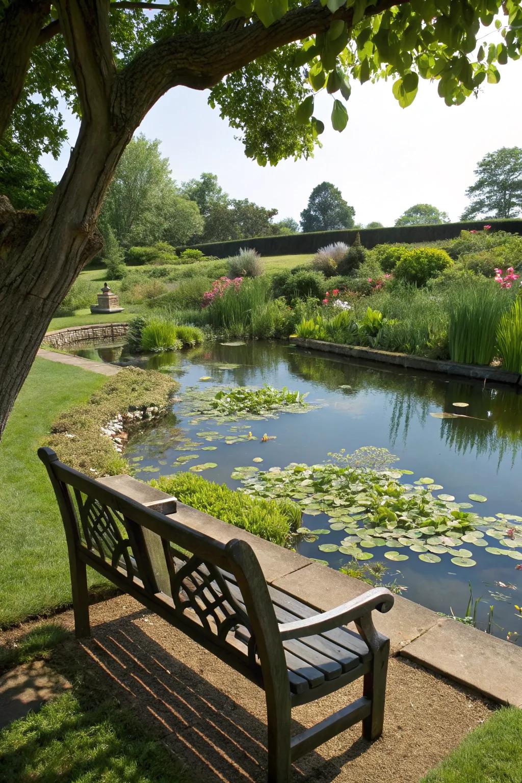 A seat by the pond presents an impeccable unwinding location.