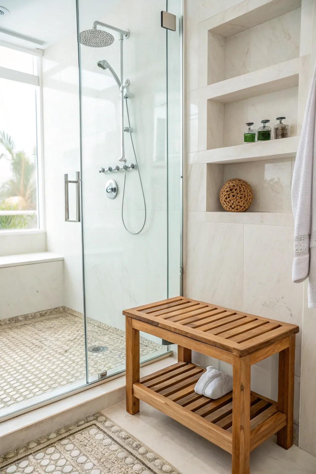 Spa-inspired elements create a tranquil escape in this white bathroom.