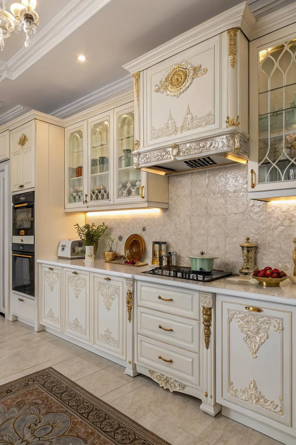 Ornate detailing adds a traditional touch to white cabinets.