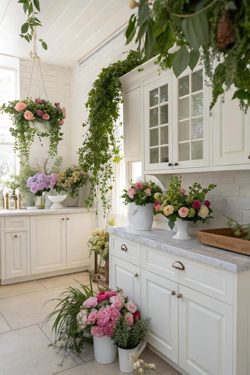Foliage and blooms bring life and color to the white kitchen.