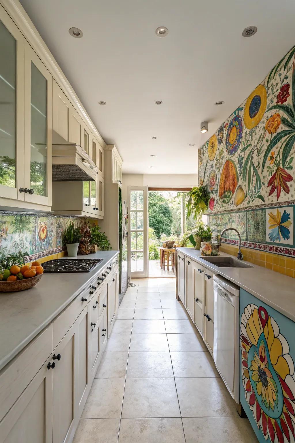 A backsplash adding a pop of color and protection in a wide galley kitchen.