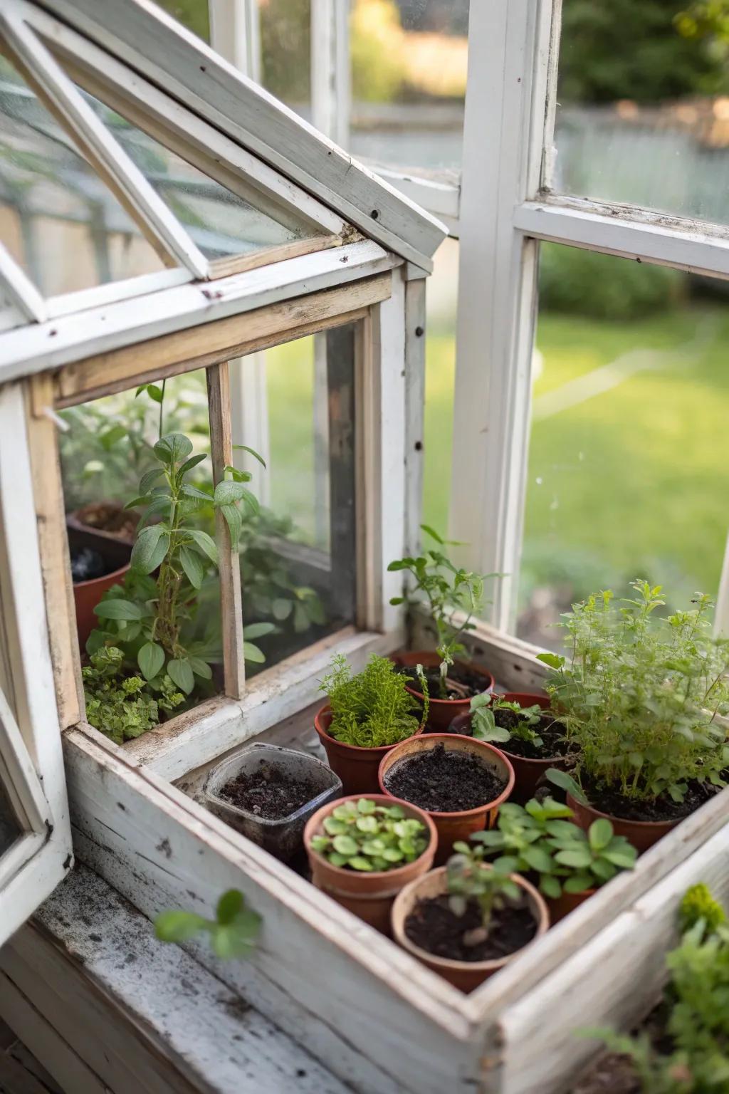 Micro conservatories utilizing window frames nurture indoor flora.