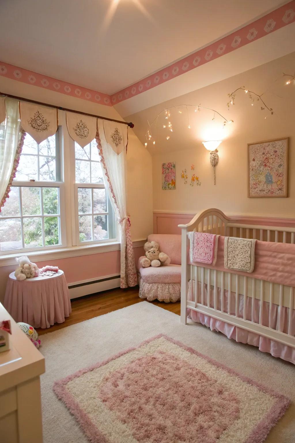 Light rose trim infuses a sentimental sensation into a baby's room.