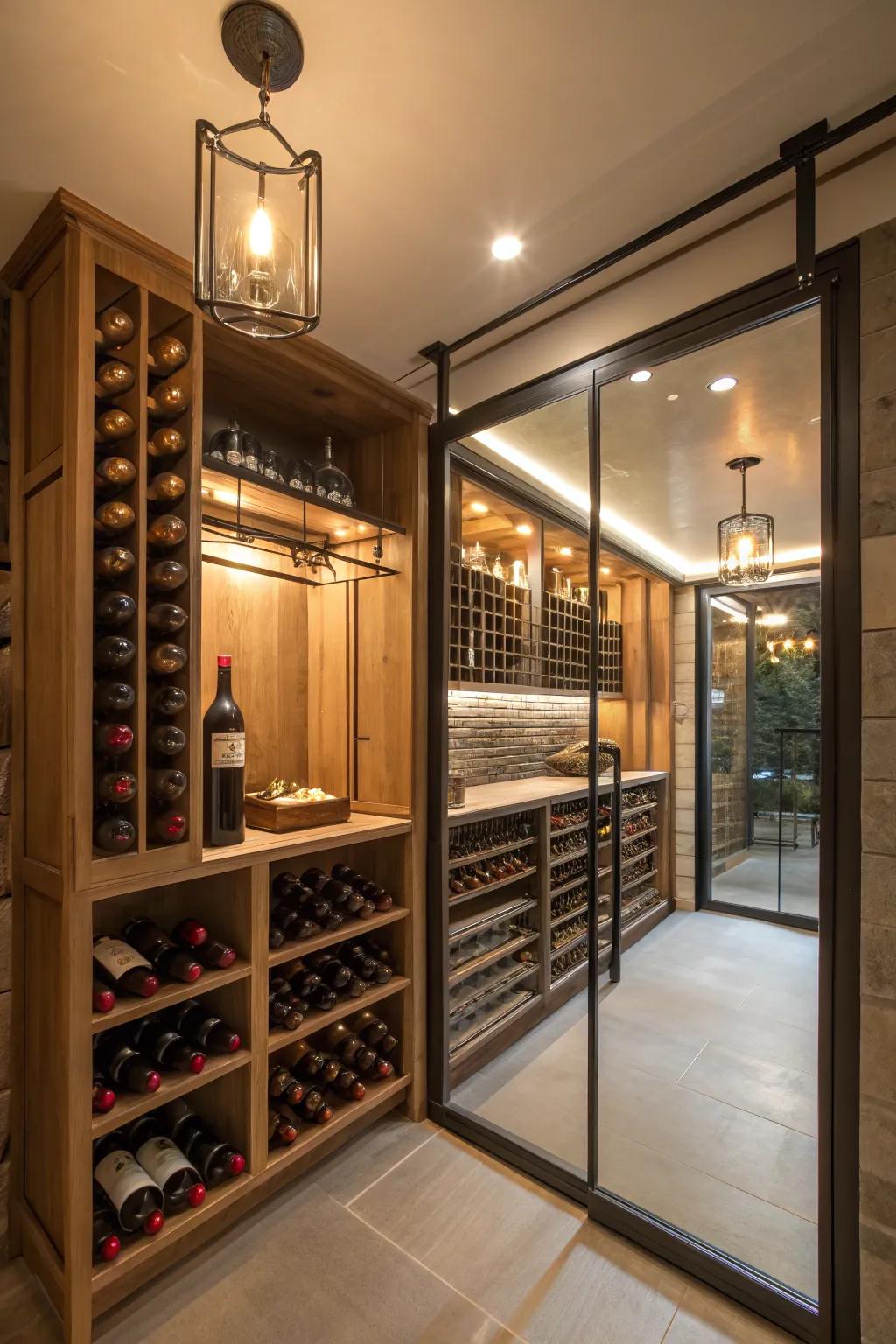 Sleek glass and metal accents lit up for a modern wine room look.