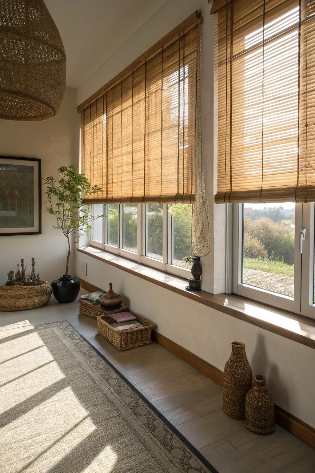 Bamboo blinds offer natural texture and warmth.